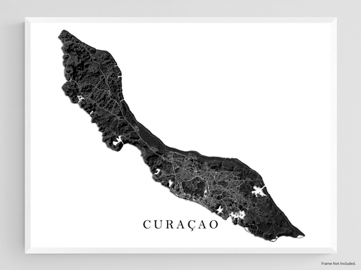 Curacao island map print with a black and white topographic landscape design by Maps As Art.