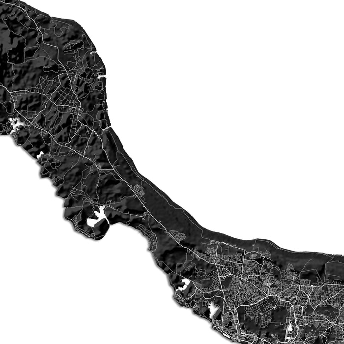 Black and white topographic map of a coastal area