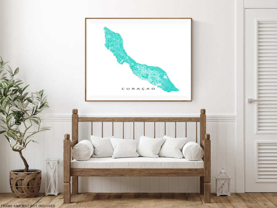 Curacao map print with natural island landscape and main roads designed by Maps As Art.