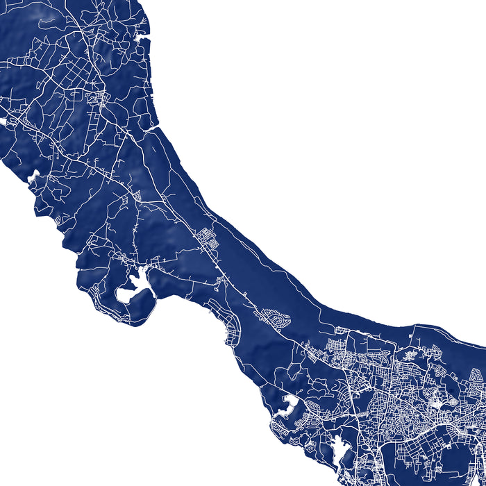 Map of a coastal area with roads and water bodies on a white background