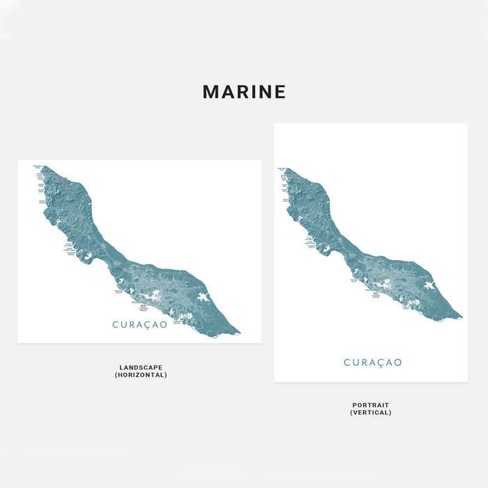 Two map designs of Curácia labeled 'Landscape' and 'Portrait' on a white background.