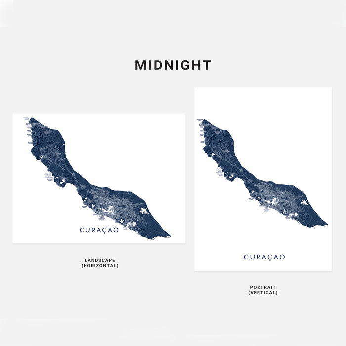 Two map designs of Curacao labeled 'Landscape (Horizontal)' and 'Portrait (Vertical)' on a white background.
