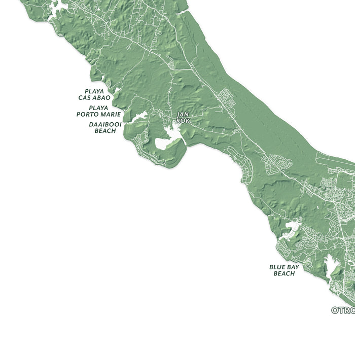 Topographic map of a coastal area with labeled locations on a white background
