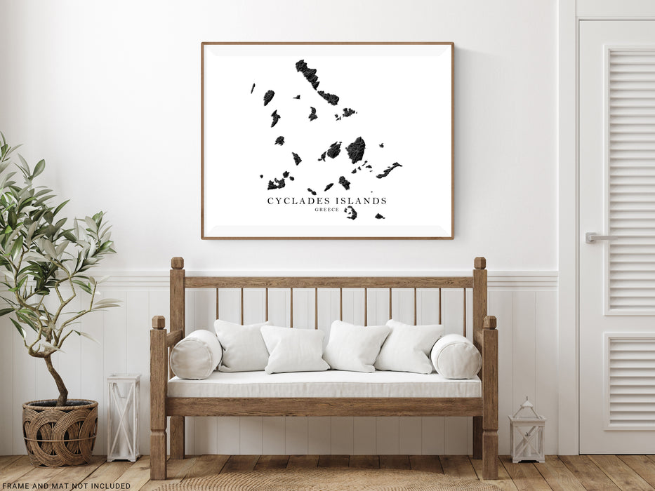 Cyclades islands, Greece map print with a black and white topographic landscape design by Maps As Art.