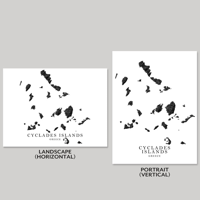Two black and white maps of Cyclades Islands, Greece, one landscape and one portrait orientation, on a gray background.