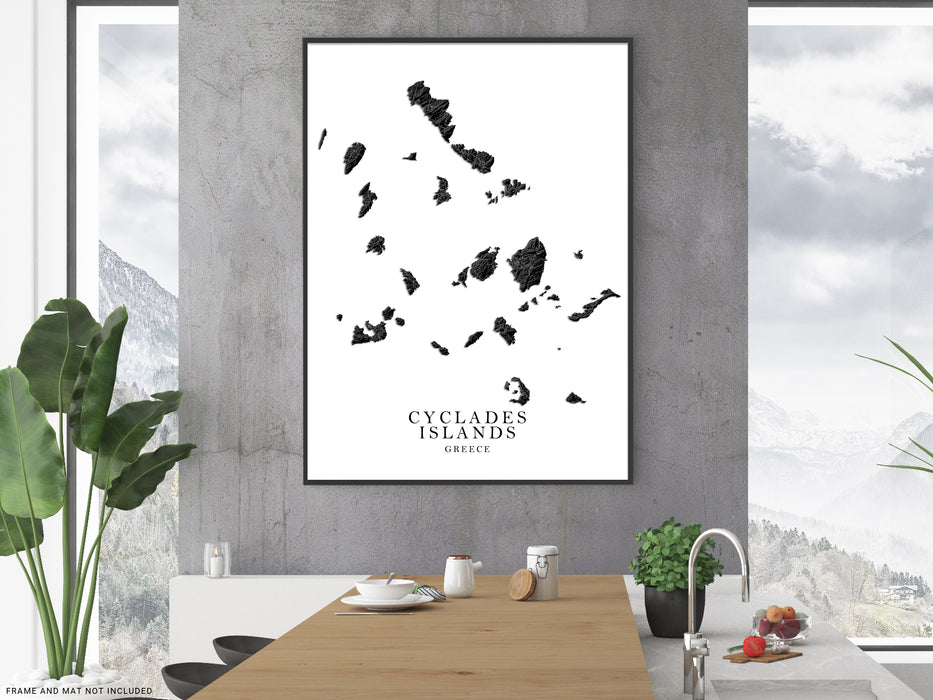 Cyclades islands, Greece map print with a black and white topographic landscape design by Maps As Art.