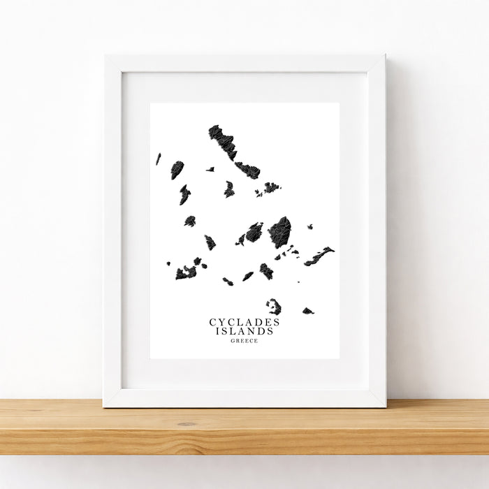 Framed map of Cyclades Islands, Greece on a white background