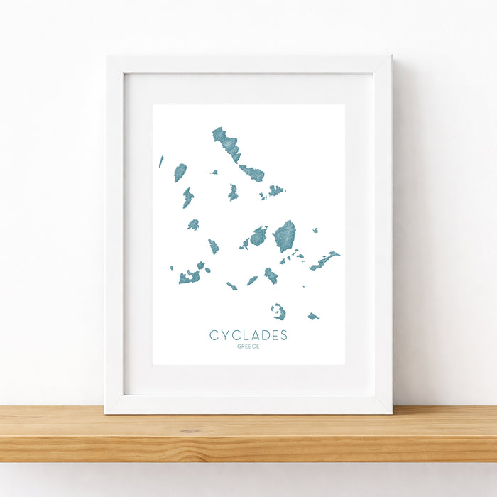 Framed map of Cyclades Islands on a white background