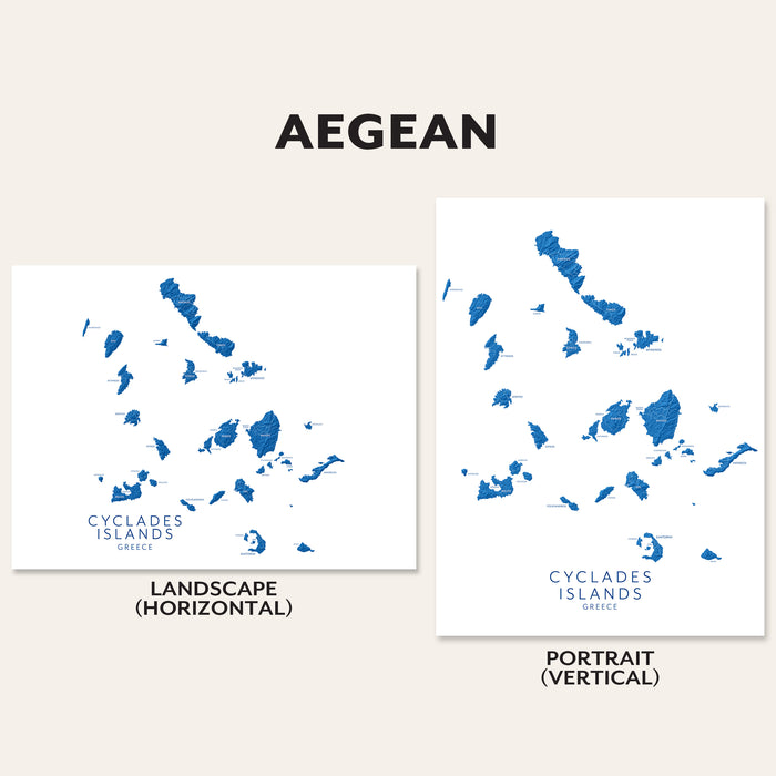 Two maps of Cyclades Islands, Greece, one in landscape and one in portrait orientation, on a beige background.