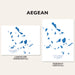 Two maps of Cyclades Islands, Greece, one in landscape and one in portrait orientation, on a beige background.