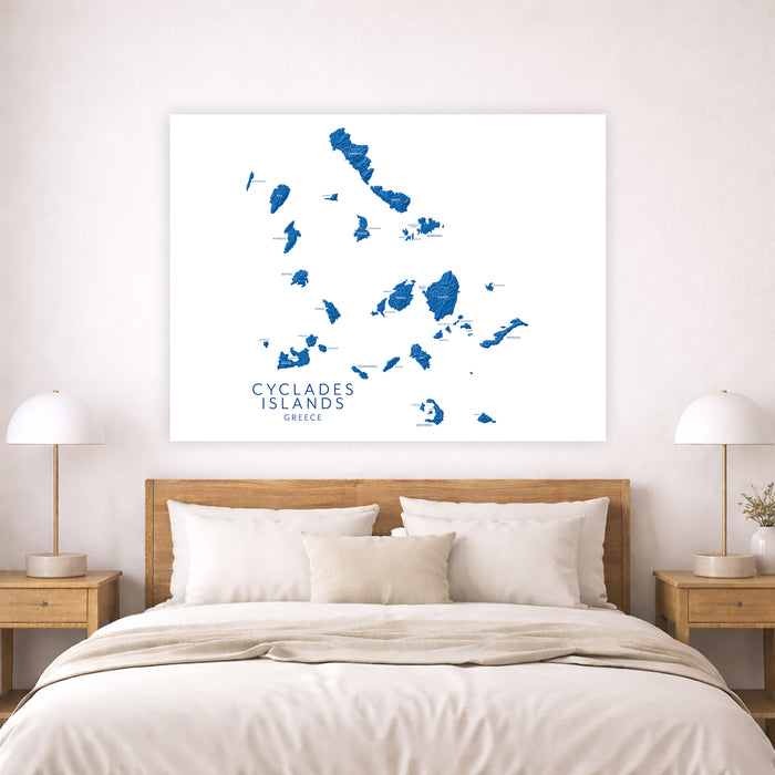 Bedroom with a map of Cyclades Islands on the wall