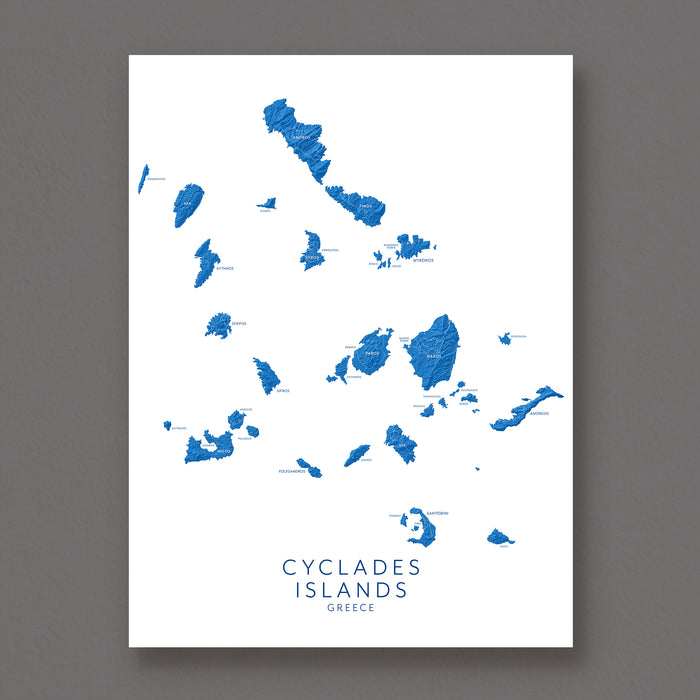 Map of Cyclades Islands, Greece on a white background with blue islands.