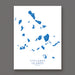 Map of Cyclades Islands, Greece on a white background with blue islands.