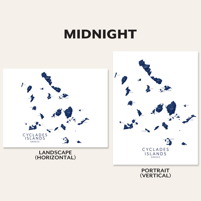 Two map prints of the Cyclades Islands, one in landscape and one in portrait orientation, on a light beige background.