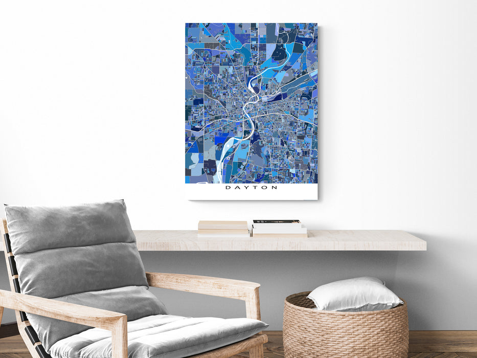 Dayton, Ohio map art print in blue shapes designed by Maps As Art.