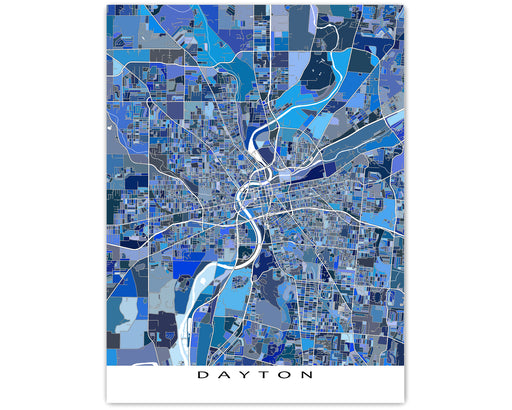 Dayton, Ohio map art print in blue shapes designed by Maps As Art.