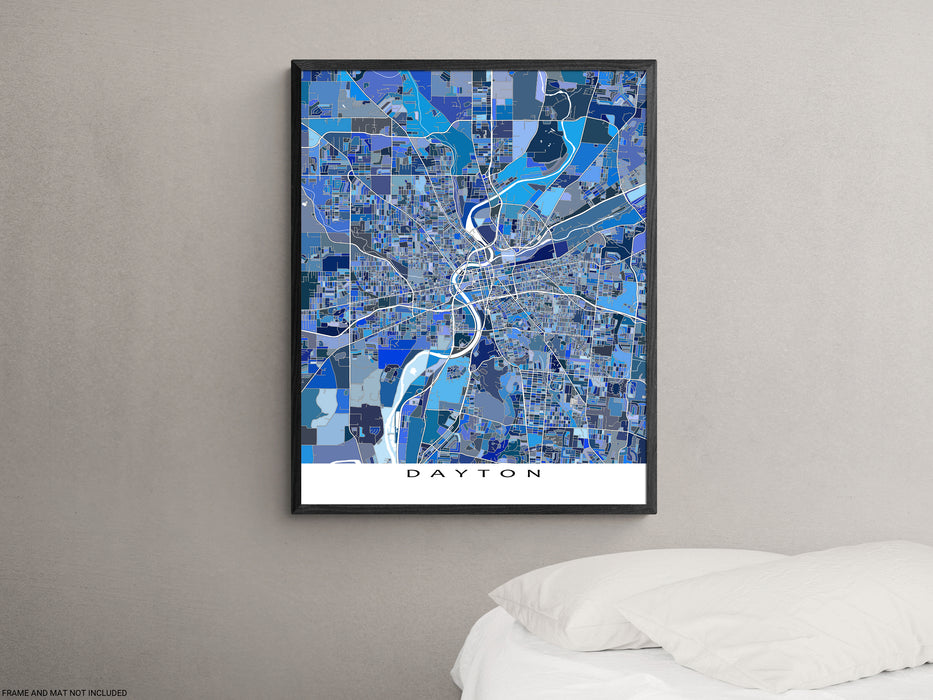 Dayton, Ohio map art print in blue shapes designed by Maps As Art.