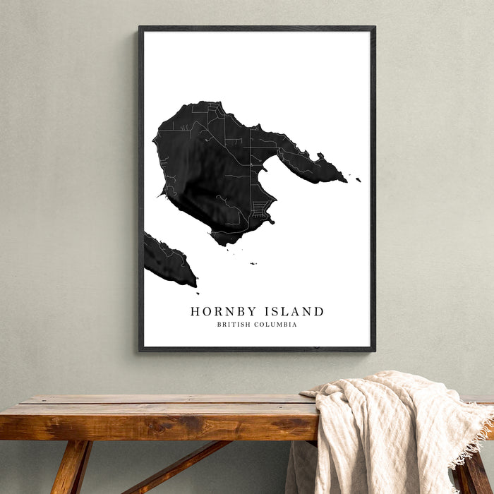 Hornby Island BC Map Print: Black and White Minimal Gulf Islands Wall Art Poster