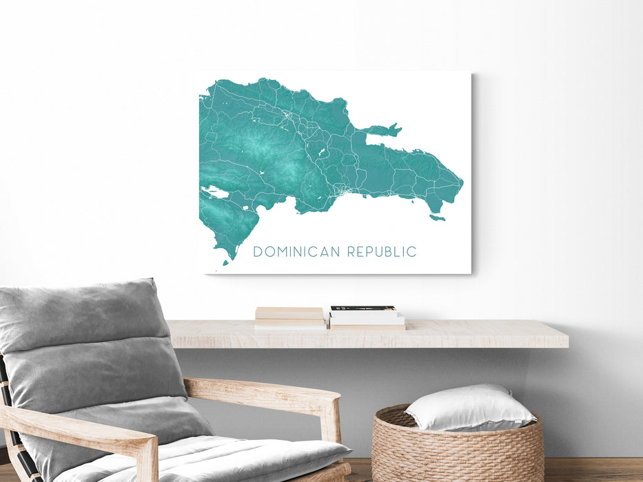 Dominican Republic map print with a turquoise topographic design by Maps As Art.