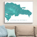 Map of the Dominican Republic on a wall above a beige sofa with light blue pillows.