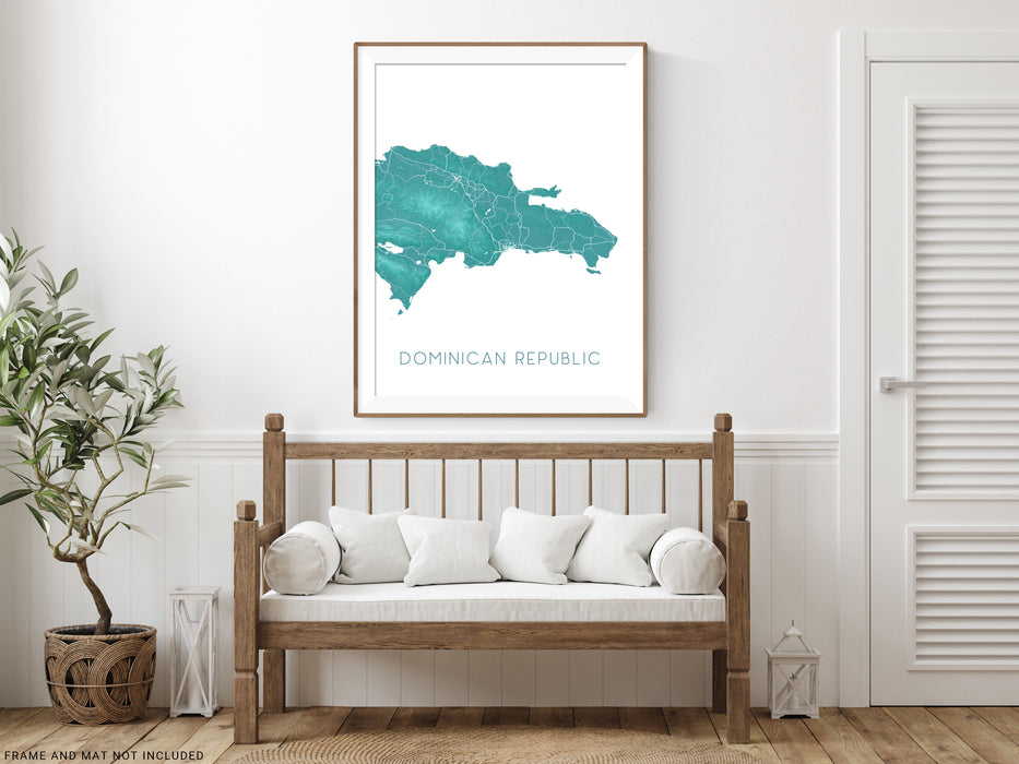 Dominican Republic map print with a turquoise topographic design by Maps As Art.