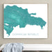Framed map of the Dominican Republic on a wall above a white bench.
