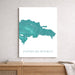 Map of the Dominican Republic in teal color on a white background, displayed on a wall above a wooden shelf.