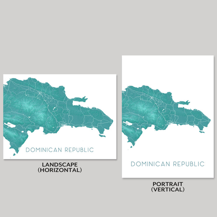 Two maps of the Dominican Republic, one in landscape and one in portrait orientation, on a gray background.