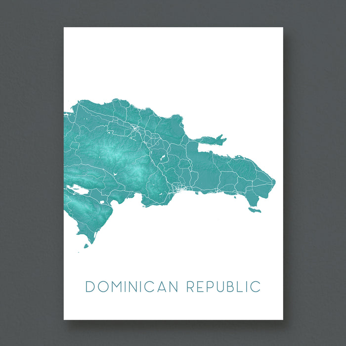 Map of the Dominican Republic in teal on a white background