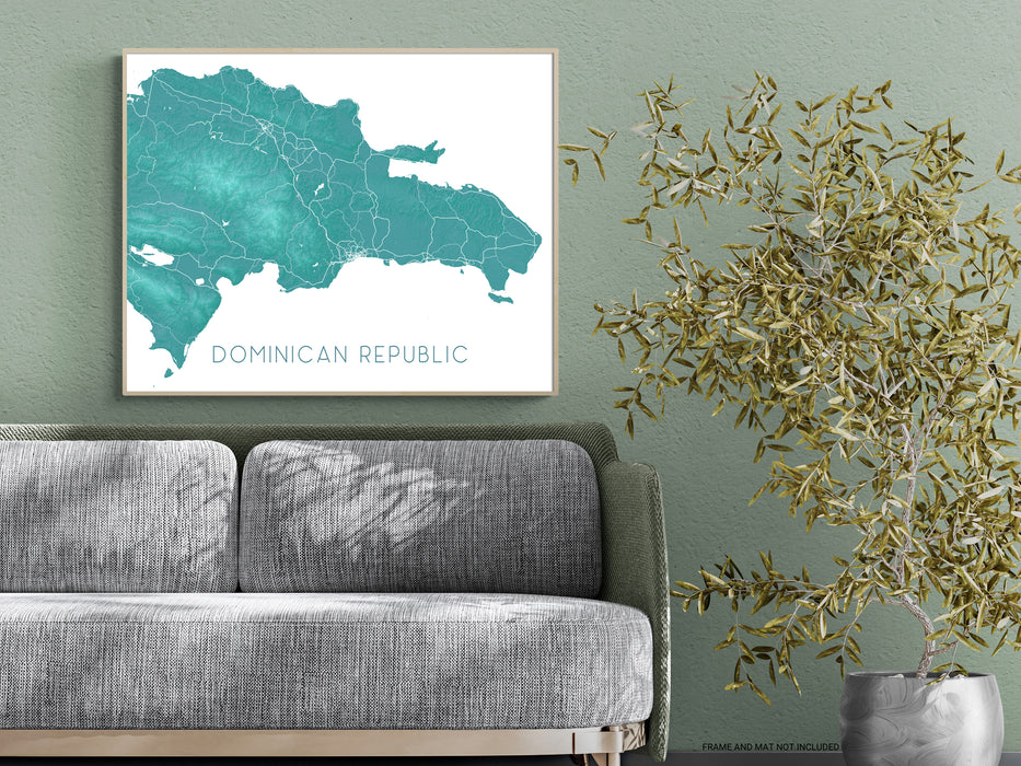 Dominican Republic map print with a turquoise topographic design by Maps As Art.