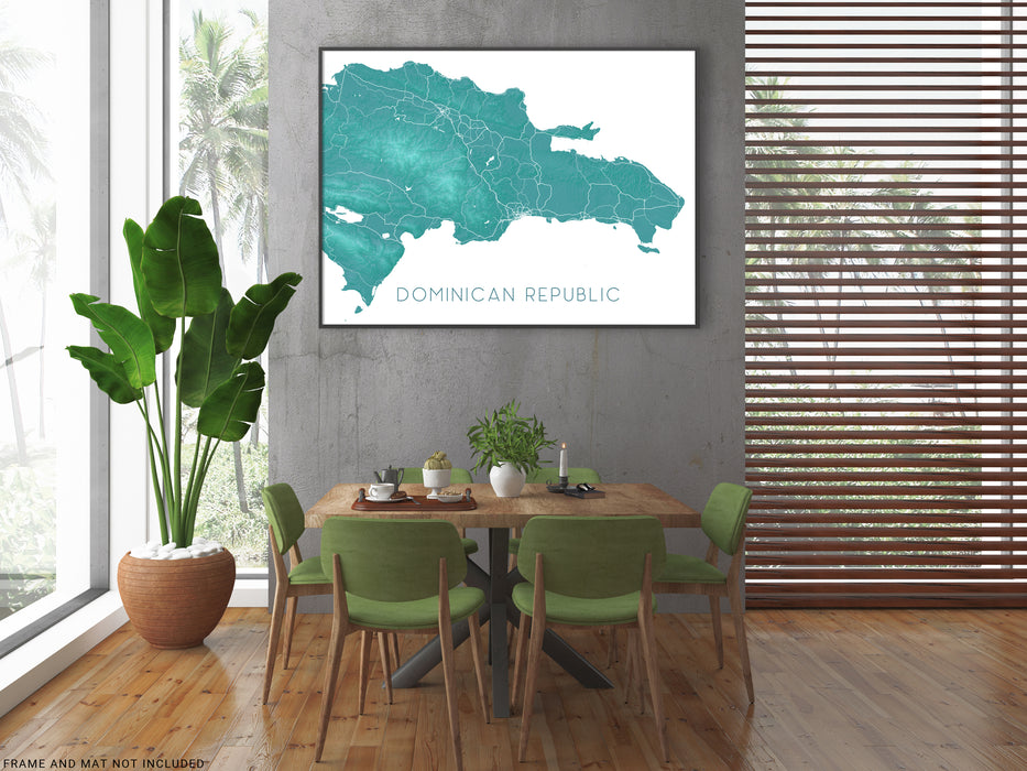 Dominican Republic map print with a turquoise topographic design by Maps As Art.