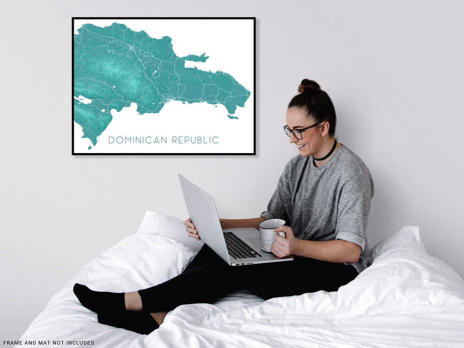 Dominican Republic map print with a turquoise topographic design by Maps As Art.
