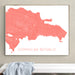 Map of the Dominican Republic in a frame on a wall above a white surface.