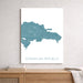 Map of the Dominican Republic on a white wall above a wooden shelf.