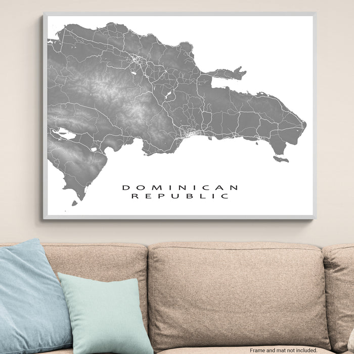 Map of the Dominican Republic on a wall above a sofa