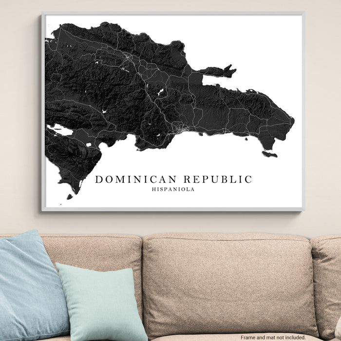 Map of the Dominican Republic on a wall above a beige sofa with light blue pillows.