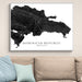 Map of the Dominican Republic on a wall above a beige sofa with light blue pillows.