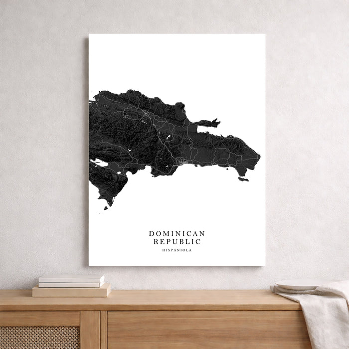 Map of the Dominican Republic on a white wall above a wooden shelf.