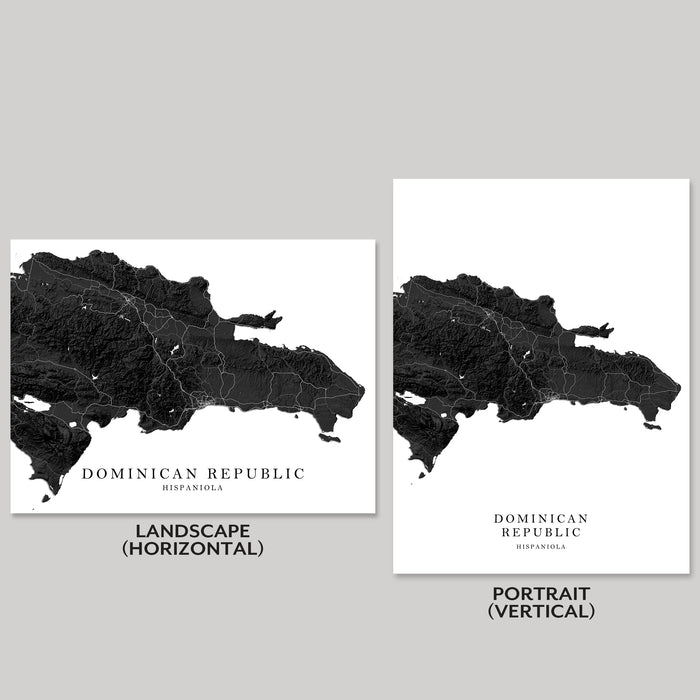 Two maps of the Dominican Republic, one landscape and one portrait, on a gray background.