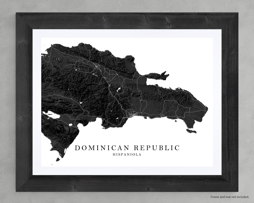 Dominica Republic island map print with a black and white topographic landscape design by Maps As Art.