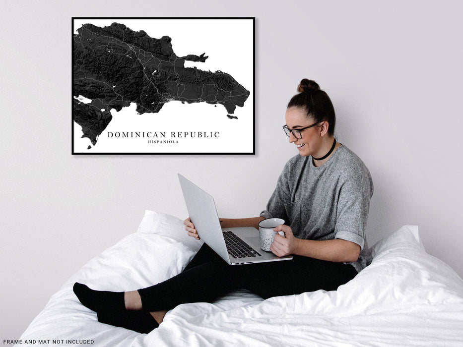 Dominica Republic island map print with a black and white topographic landscape design by Maps As Art.