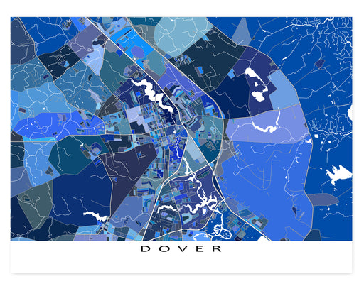 Dover, Delaware city map wall art print poster with city streets and thousands of tiny blue shapes designed by Maps As Art.