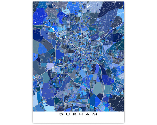 Durham, North Carolina map art print in blue shapes designed by Maps As Art.