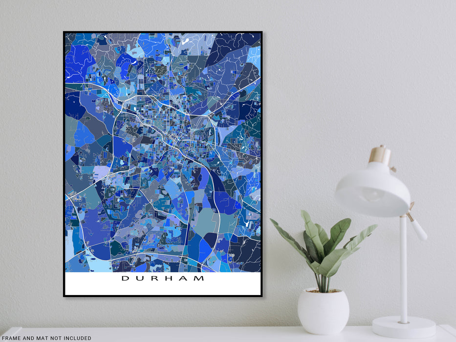 Durham, North Carolina map art print in blue shapes designed by Maps As Art.