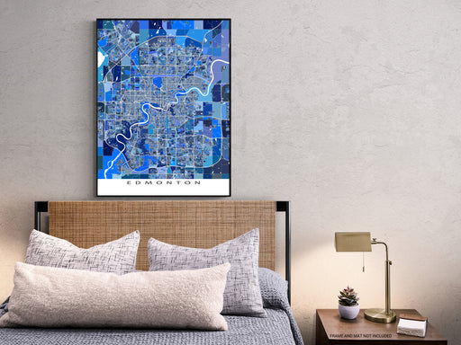 Edmonton, Alberta, Canada map art print in blue shapes designed by Maps As Art.
