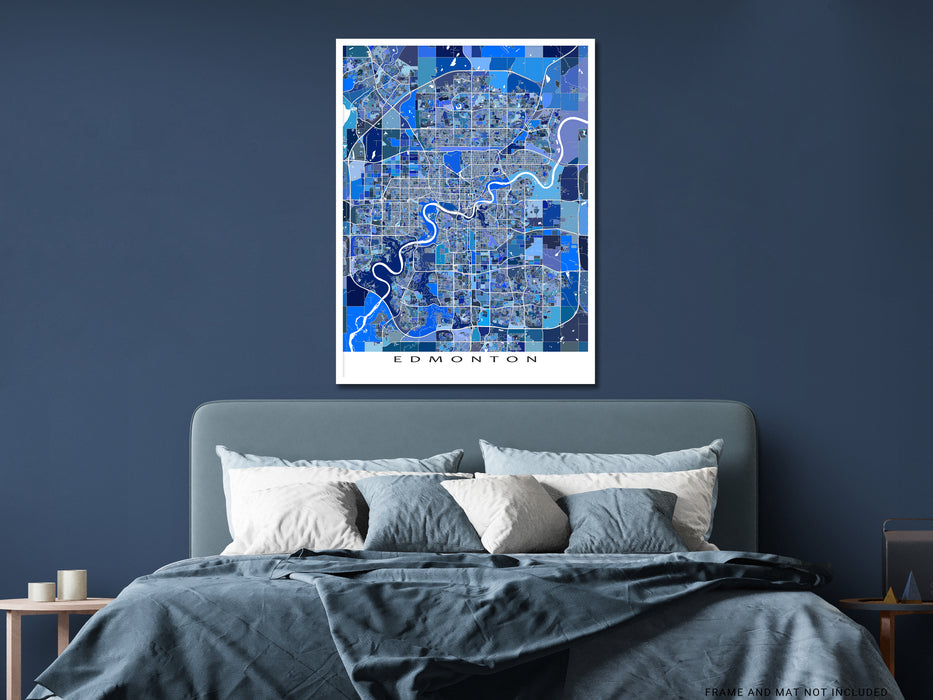 Edmonton, Alberta, Canada map art print in blue shapes designed by Maps As Art.