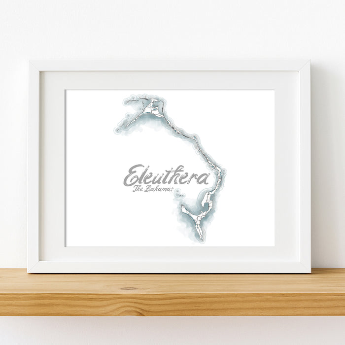 Framed map of Eleuthera, The Bahamas on a white background