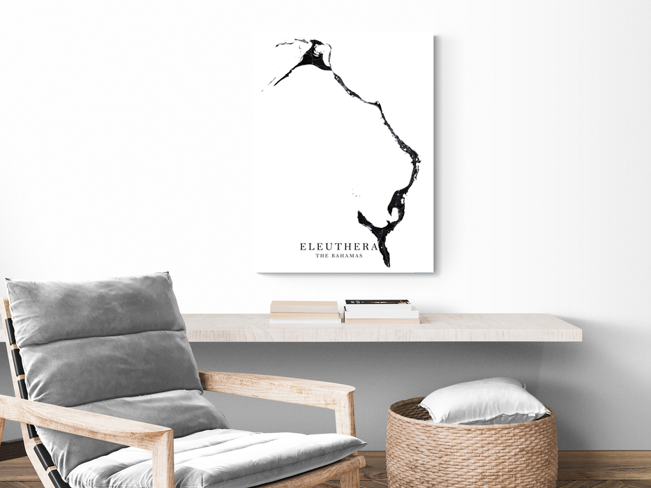 Eleuthera The Bahamas islands map wall art print with a black and white landscape design by Maps As Art.