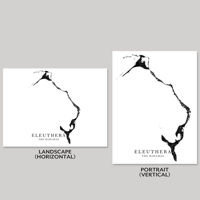 Two black and white maps of Eleuthera, The Bahamas, one in landscape and one in portrait orientation on a gray background.