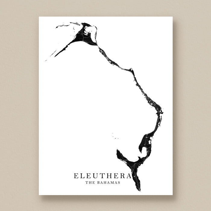 Map of Eleuthera, The Bahamas, in black on a white background